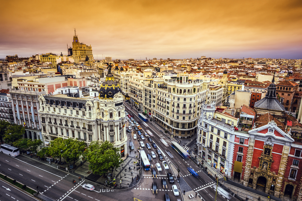 Madrid, Spain cityscape above Gran Via shopping street.